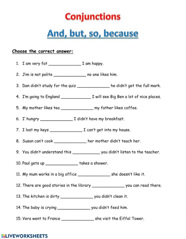 Conjunctions and but so because worksheet